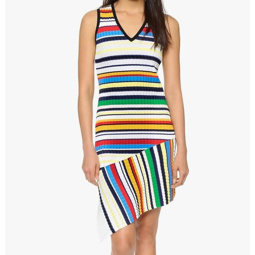Milly Rainbow Stripe V neck Asymmetrical Hem Dress Sleeveless Ribbed Knit S